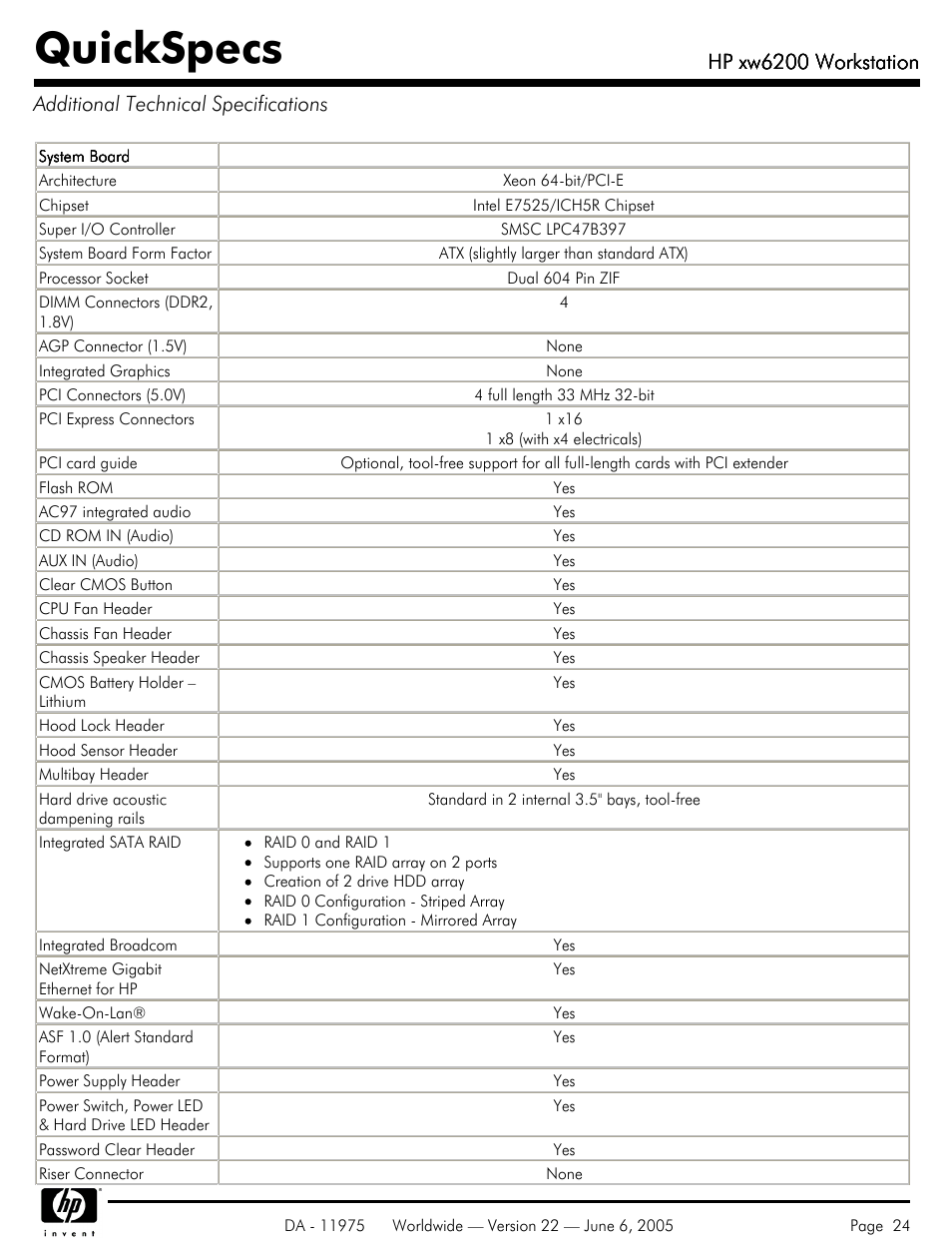 Additional technical specifications, Quickspecs, Hp xw6200 workstation | HP XW6200 User Manual | Page 24 / 78