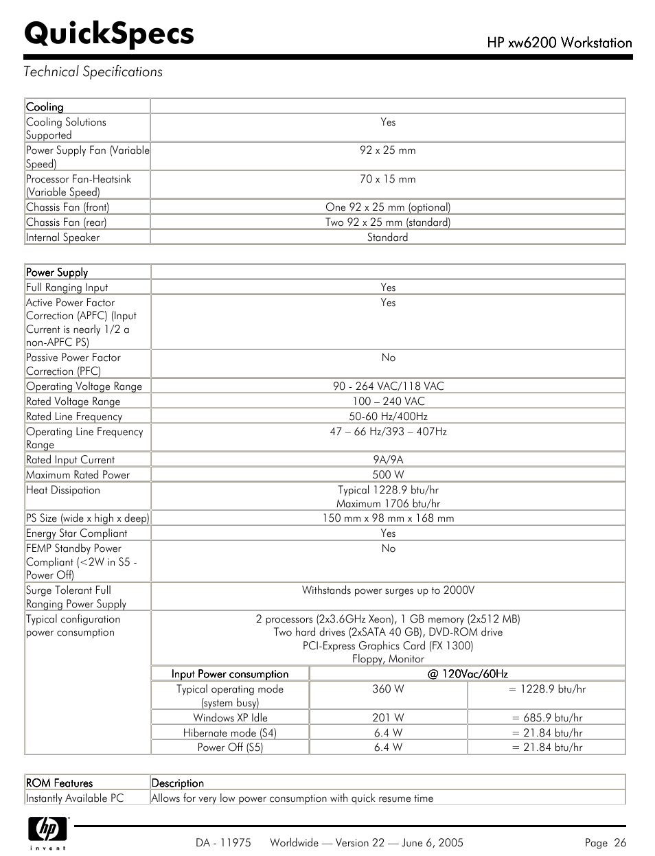 Technical specifications, Quickspecs, Hp xw6200 workstation | Hp xw6200 workstation technical specifications | HP XW6200 User Manual | Page 26 / 78