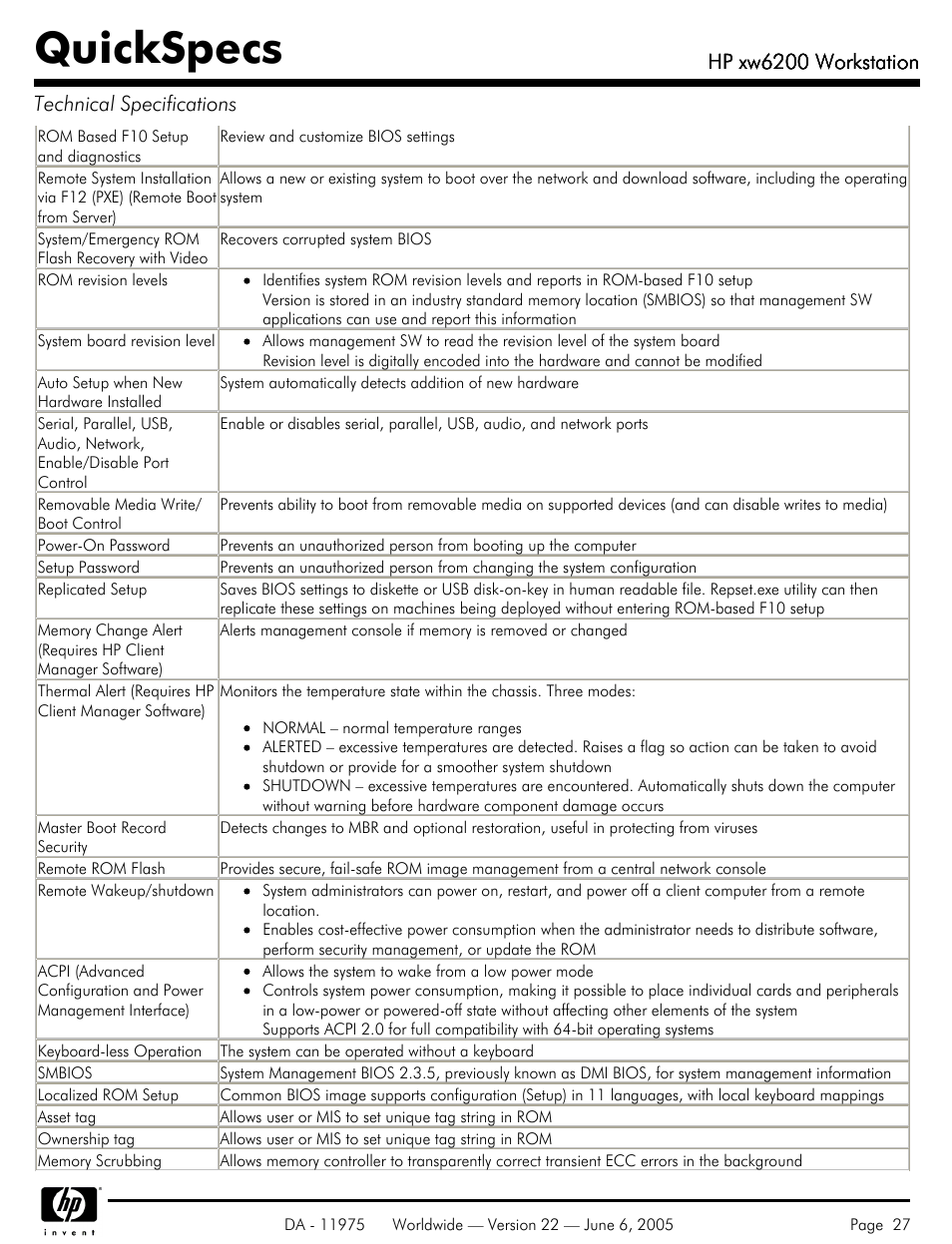 Quickspecs, Hp xw6200 workstation, Hp xw6200 workstation technical specifications | HP XW6200 User Manual | Page 27 / 78