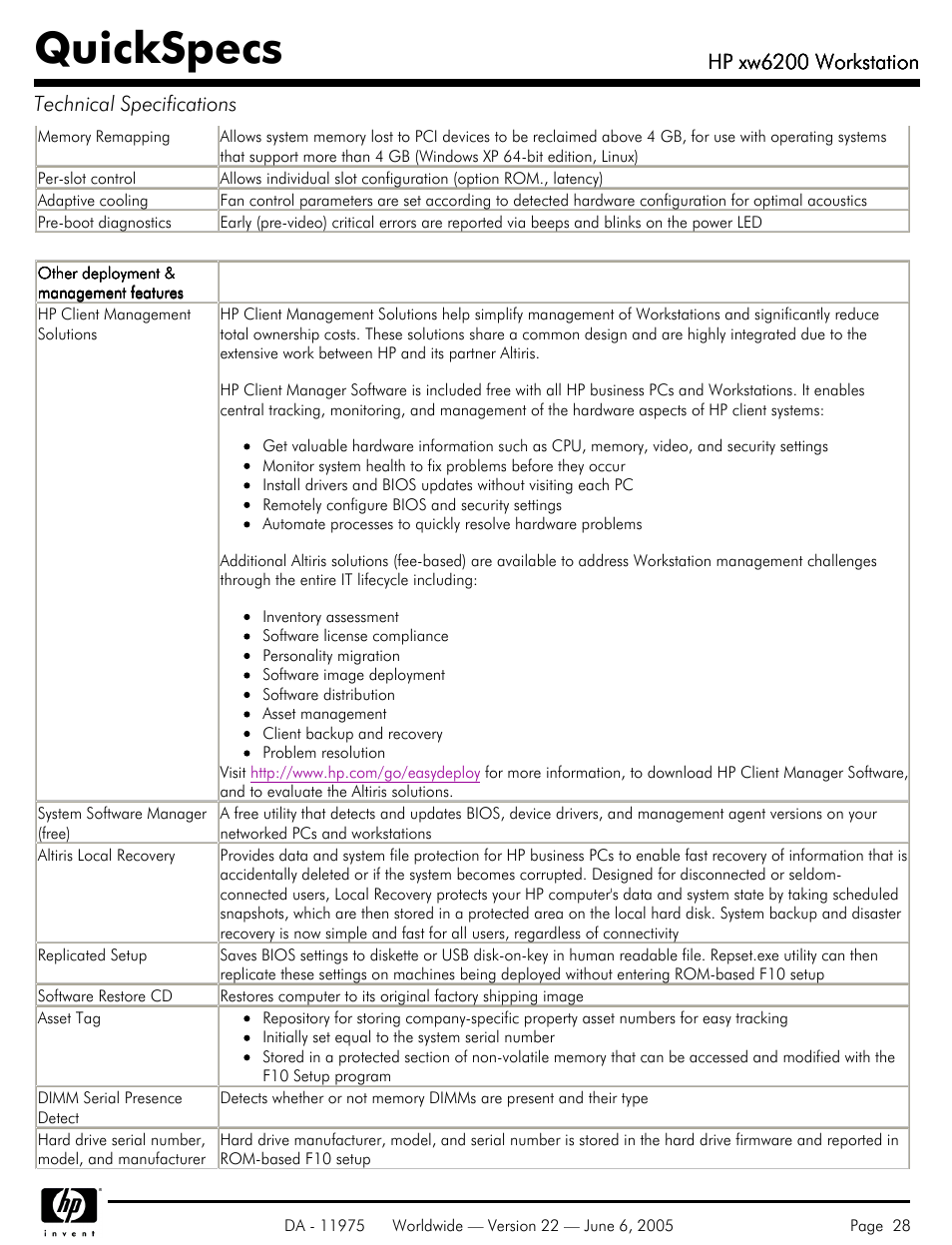 Quickspecs, Hp xw6200 workstation, Hp xw6200 workstation technical specifications | HP XW6200 User Manual | Page 28 / 78