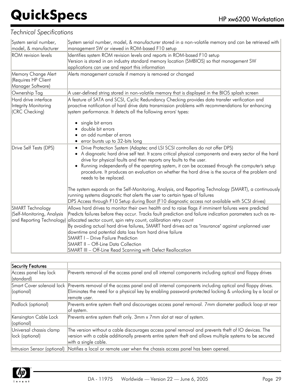 Quickspecs, Hp xw6200 workstation, Hp xw6200 workstation technical specifications | HP XW6200 User Manual | Page 29 / 78