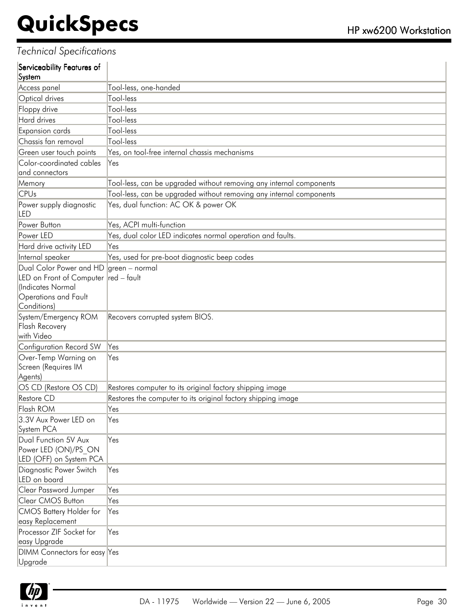 Quickspecs, Hp xw6200 workstation, Hp xw6200 workstation technical specifications | HP XW6200 User Manual | Page 30 / 78