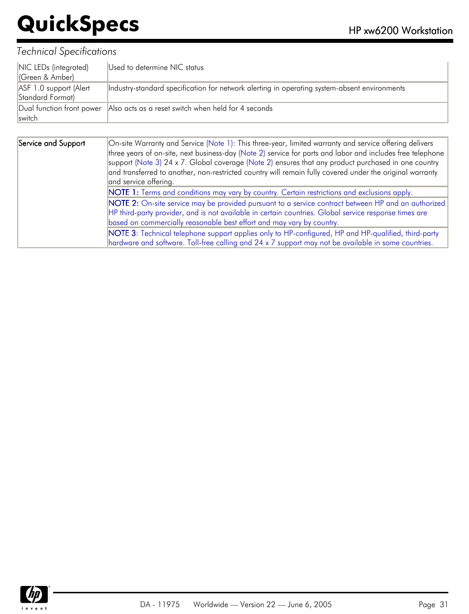 Quickspecs, Hp xw6200 workstation, Hp xw6200 workstation technical specifications | HP XW6200 User Manual | Page 31 / 78
