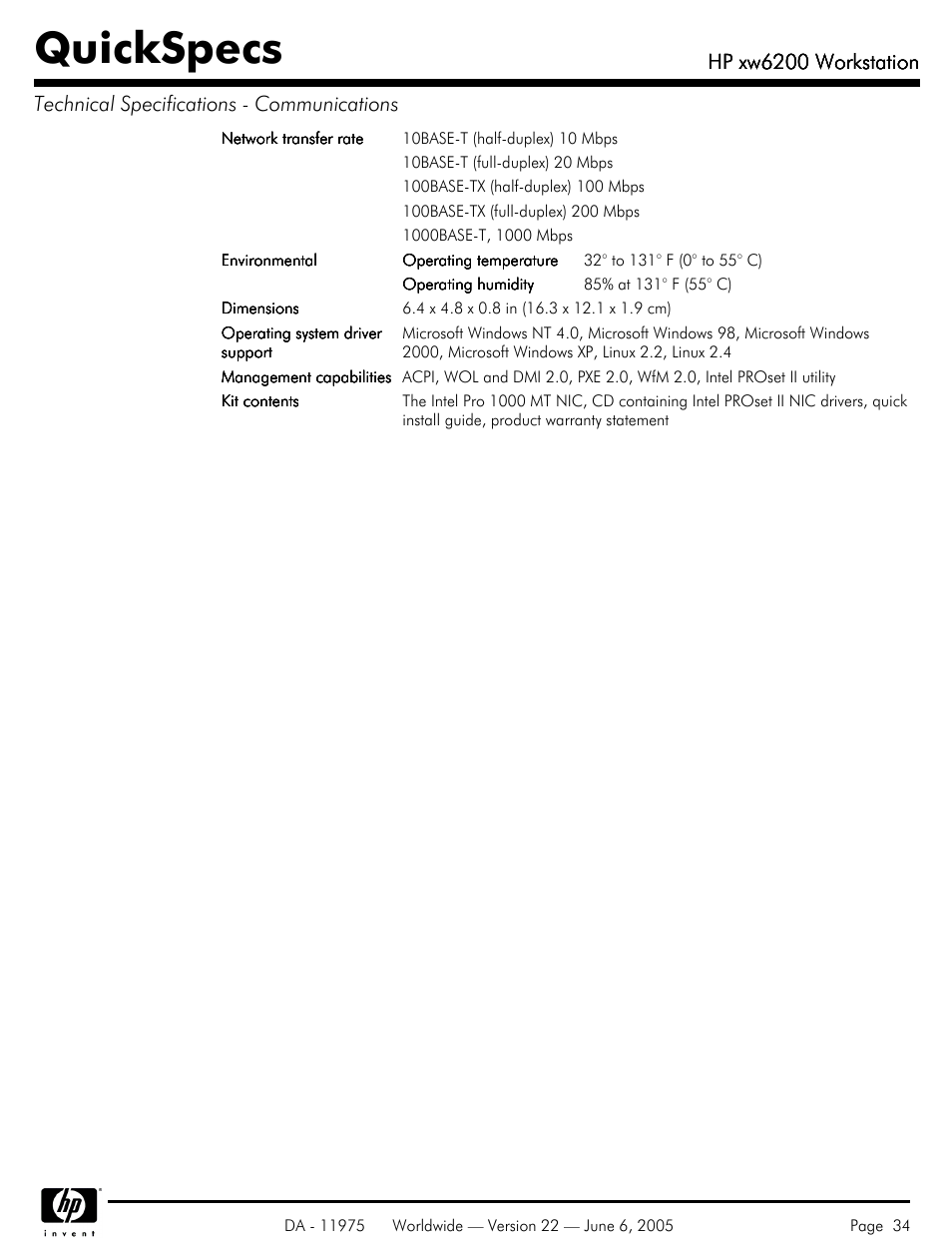 Quickspecs, Hp xw6200 workstation | HP XW6200 User Manual | Page 34 / 78