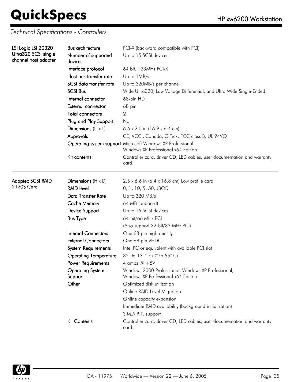 Technical specifications - controllers, Quickspecs, Hp xw6200 workstation | HP XW6200 User Manual | Page 35 / 78