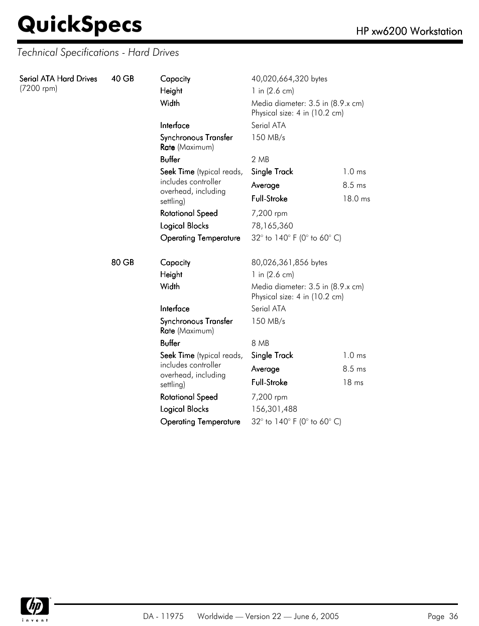 Technical specifications - hard drives, Quickspecs, Hp xw6200 workstation | HP XW6200 User Manual | Page 36 / 78