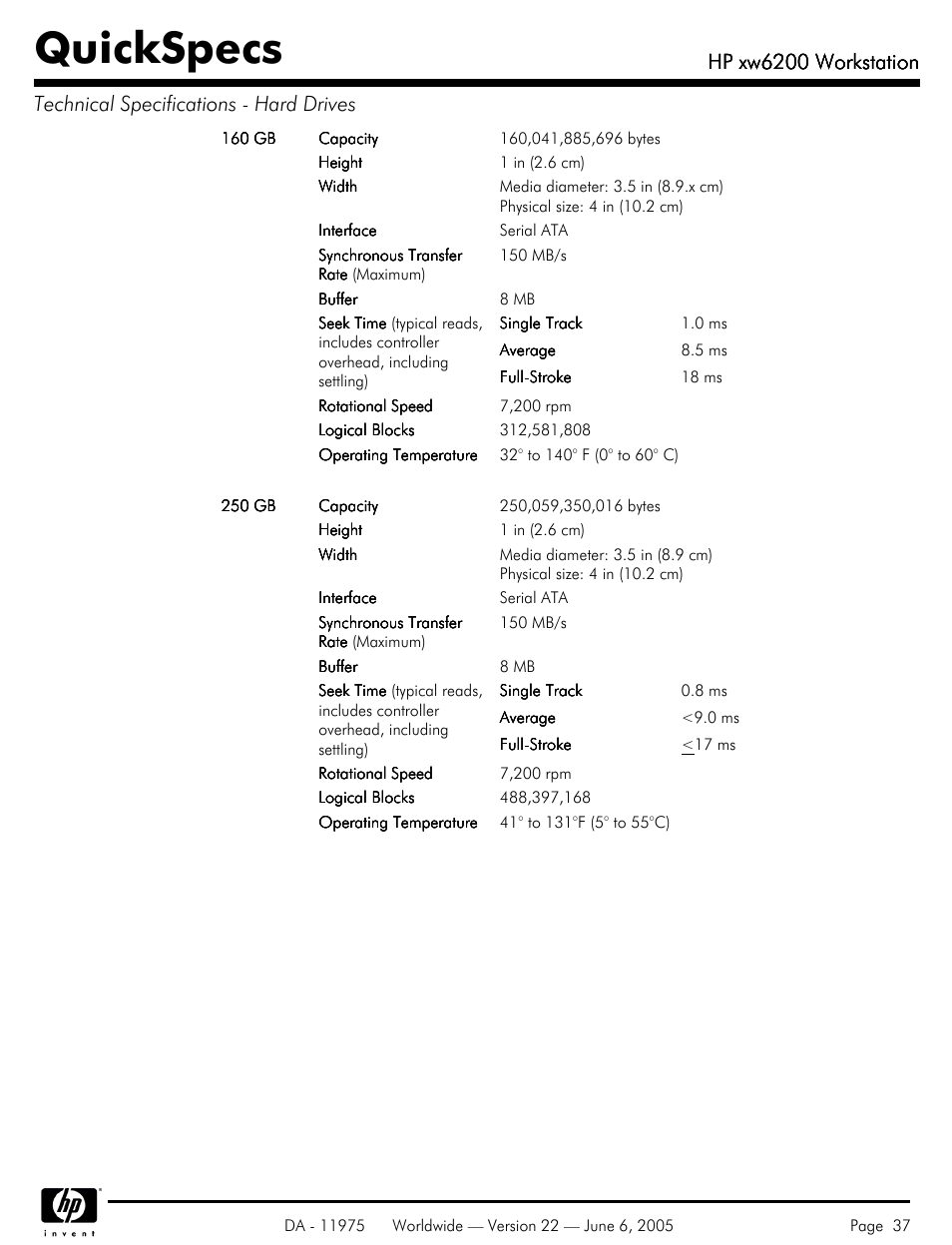 Quickspecs, Hp xw6200 workstation | HP XW6200 User Manual | Page 37 / 78