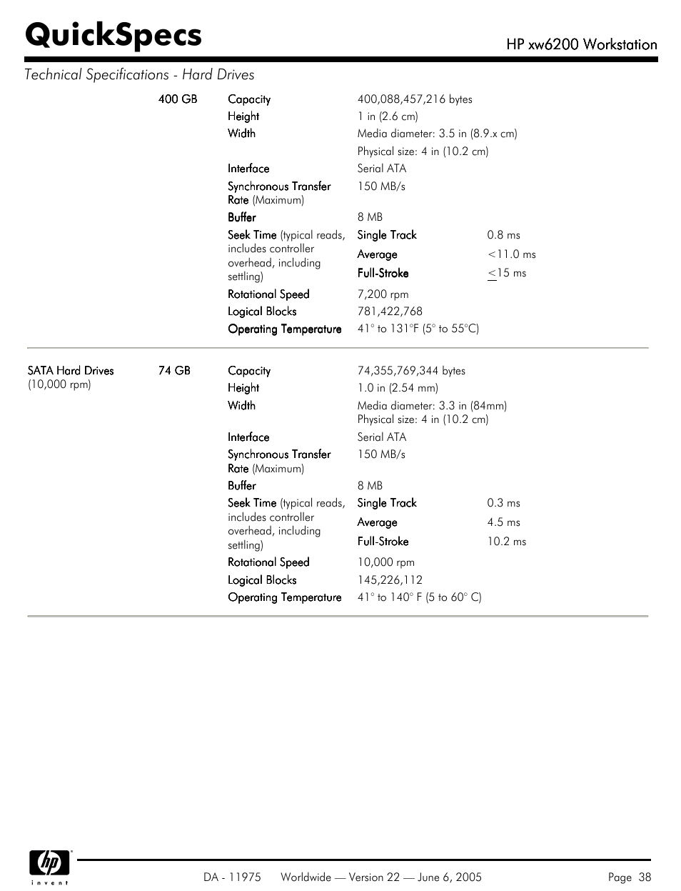 Quickspecs, Hp xw6200 workstation | HP XW6200 User Manual | Page 38 / 78