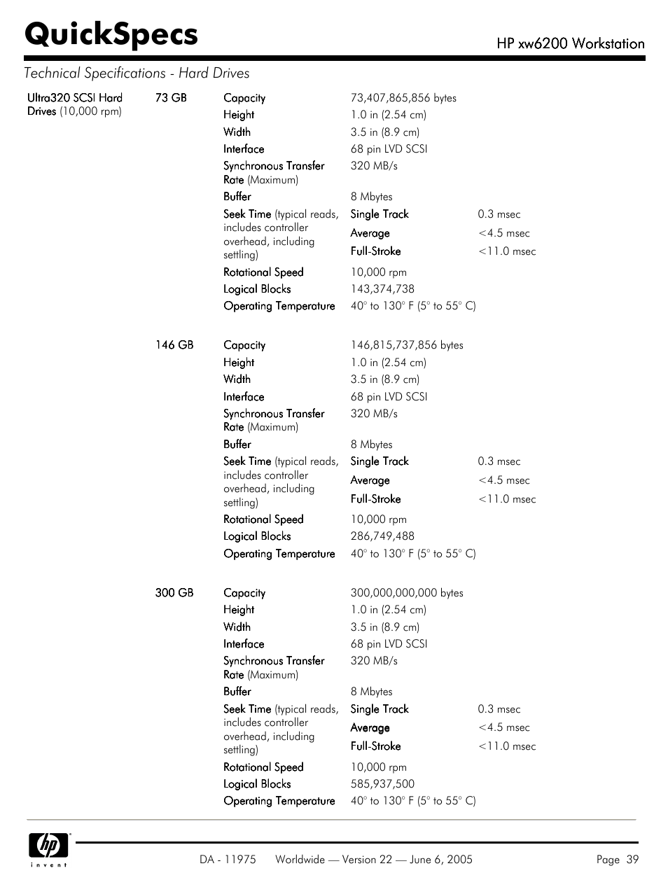 Quickspecs, Hp xw6200 workstation | HP XW6200 User Manual | Page 39 / 78