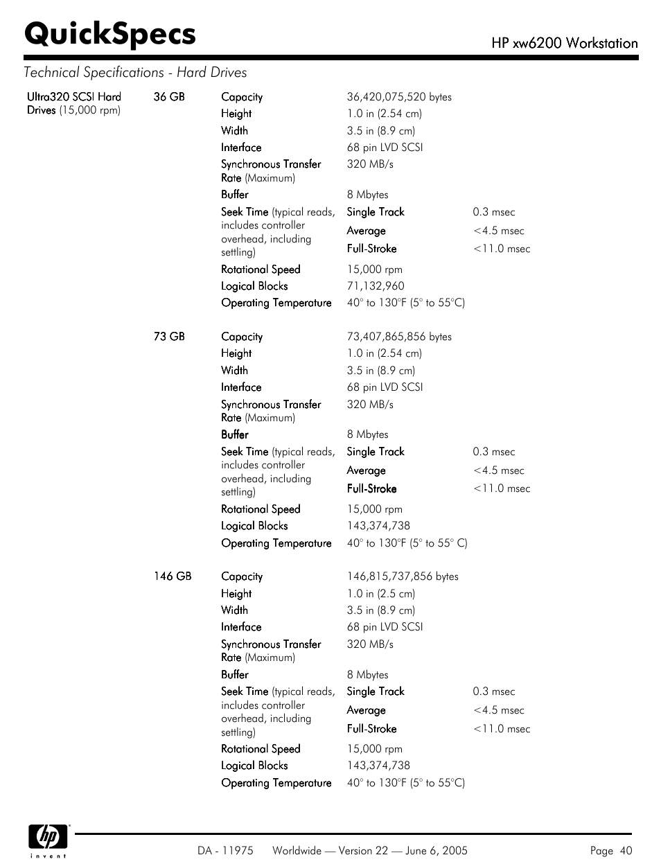Quickspecs, Hp xw6200 workstation | HP XW6200 User Manual | Page 40 / 78