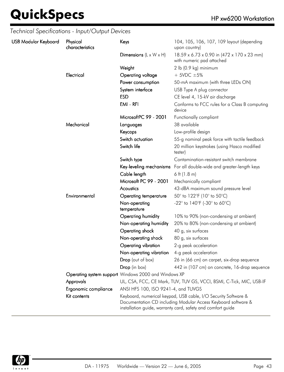 Quickspecs, Hp xw6200 workstation | HP XW6200 User Manual | Page 43 / 78