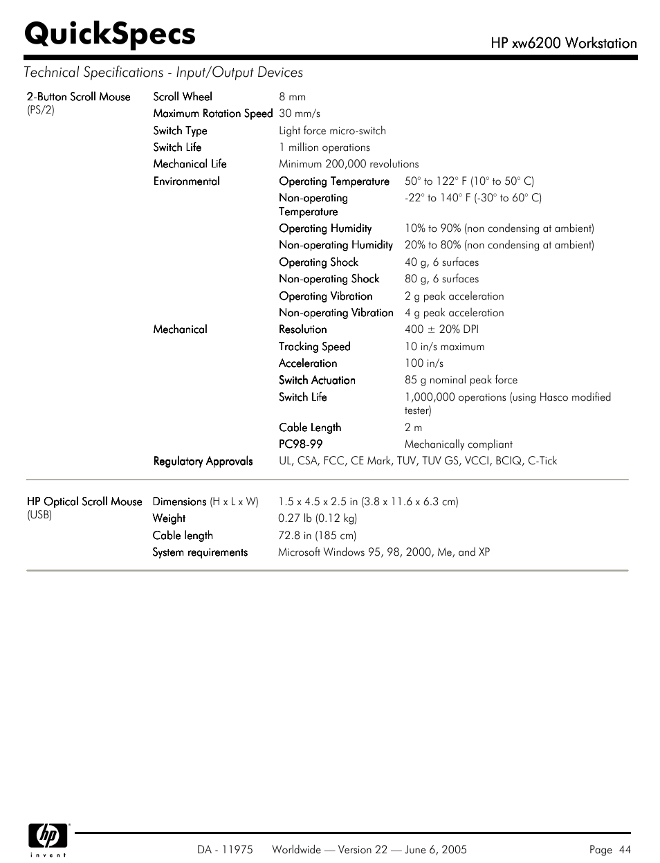 Quickspecs, Hp xw6200 workstation | HP XW6200 User Manual | Page 44 / 78