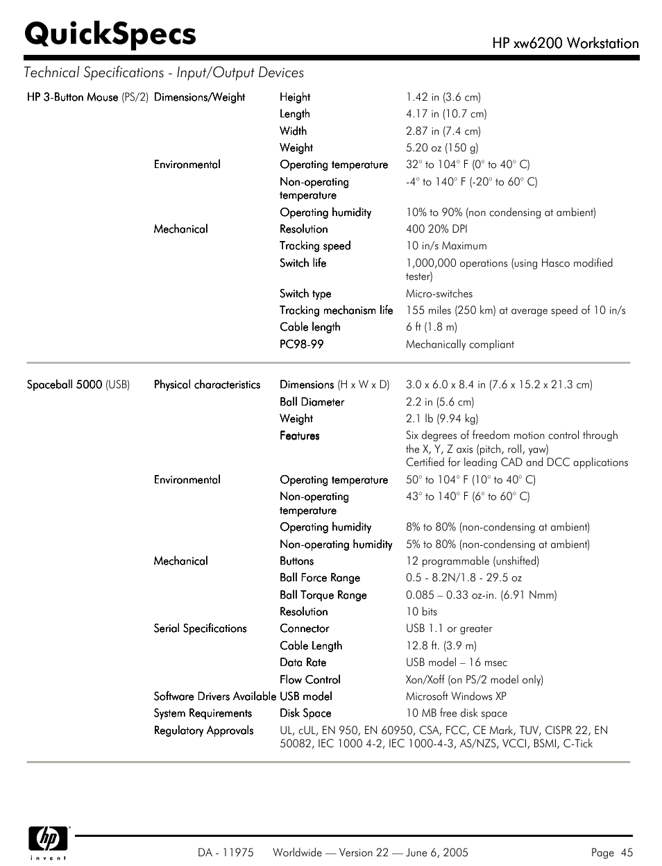 Quickspecs, Hp xw6200 workstation | HP XW6200 User Manual | Page 45 / 78