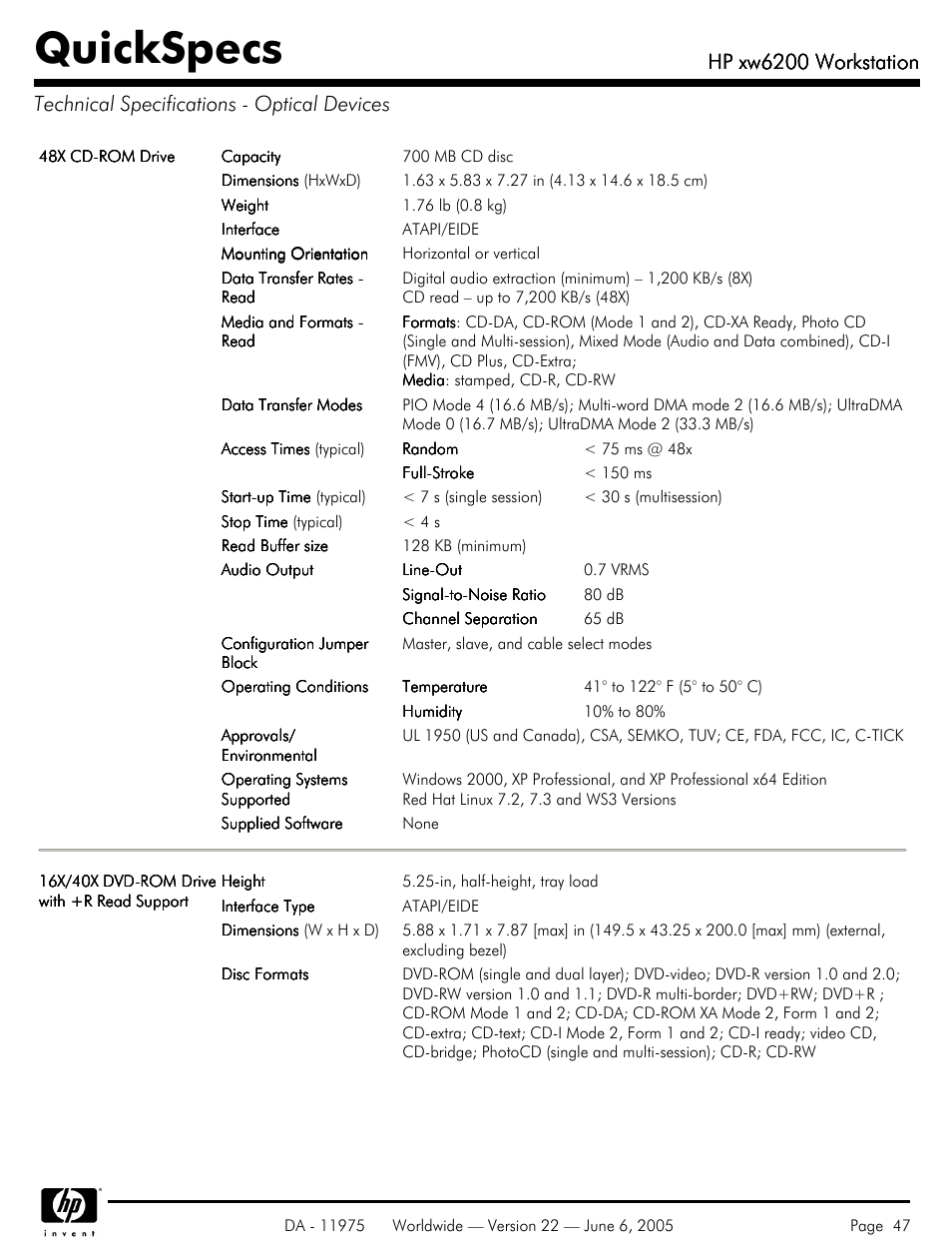 Technical specifications - optical devices, Quickspecs, Hp xw6200 workstation | HP XW6200 User Manual | Page 47 / 78