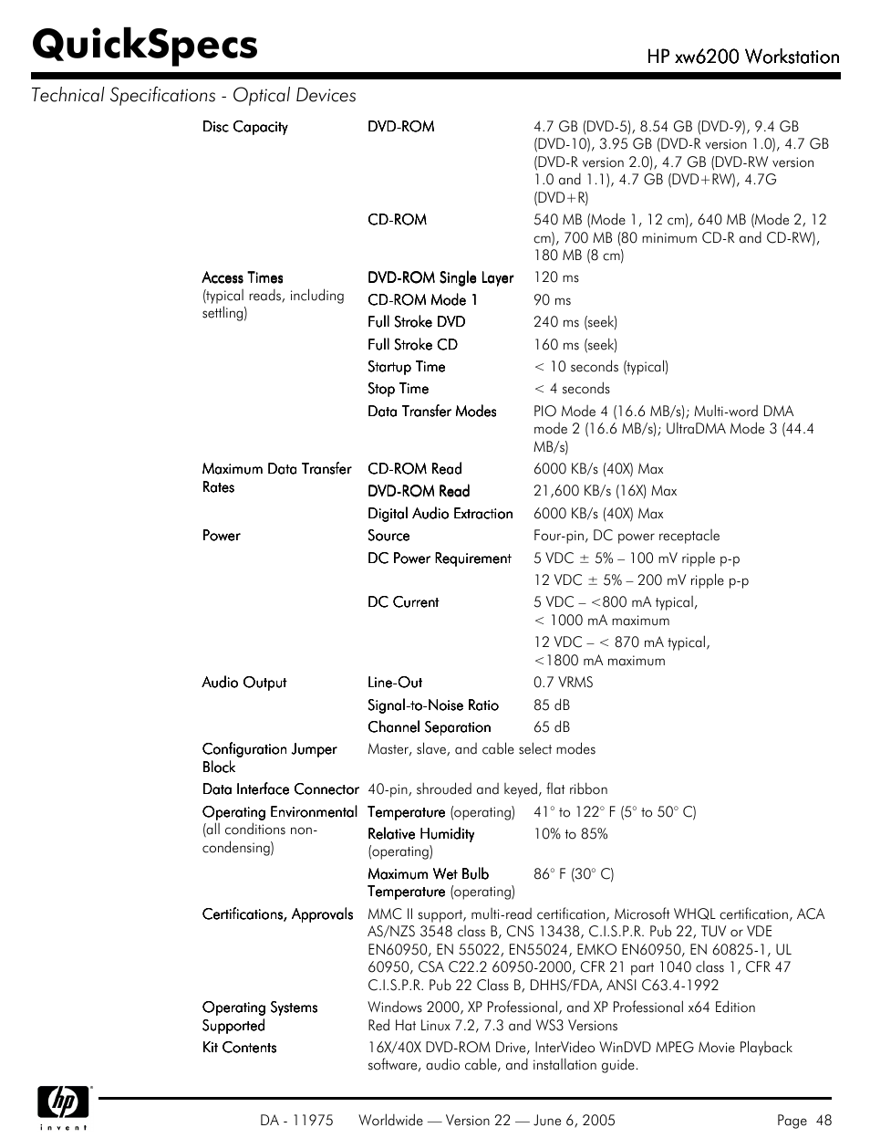 Quickspecs, Hp xw6200 workstation | HP XW6200 User Manual | Page 48 / 78
