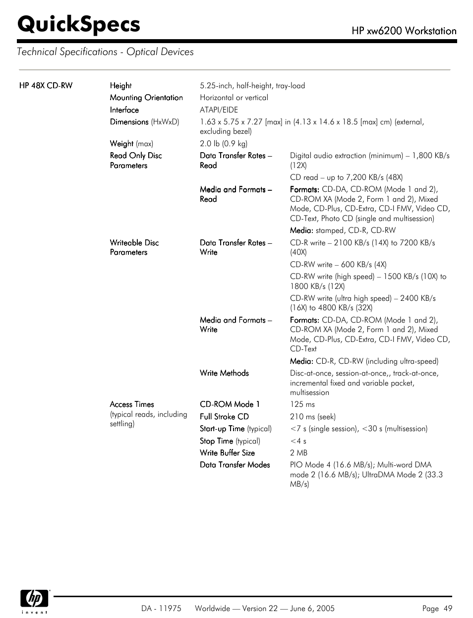 Quickspecs, Hp xw6200 workstation | HP XW6200 User Manual | Page 49 / 78