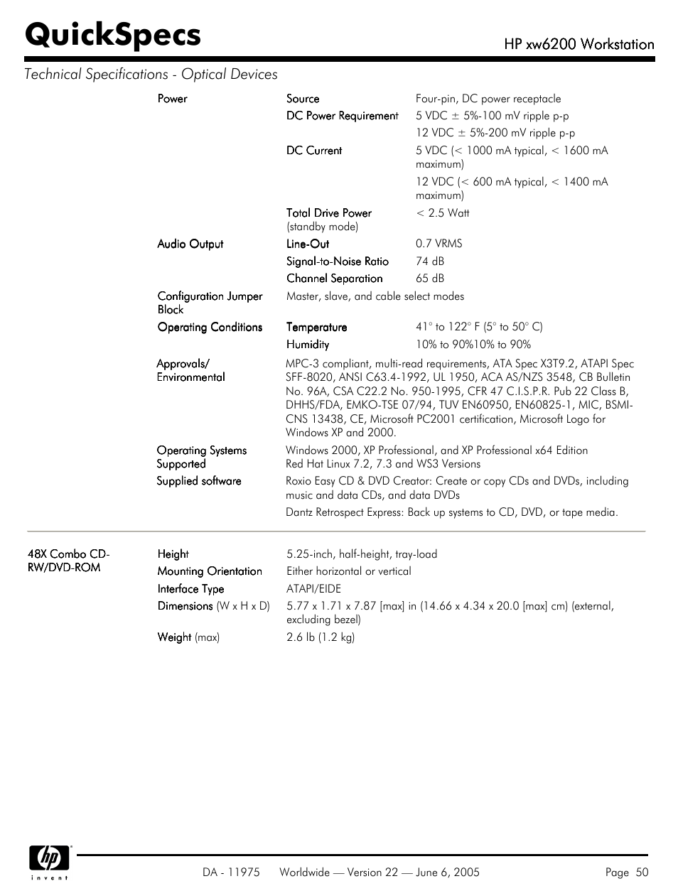 Quickspecs, Hp xw6200 workstation | HP XW6200 User Manual | Page 50 / 78