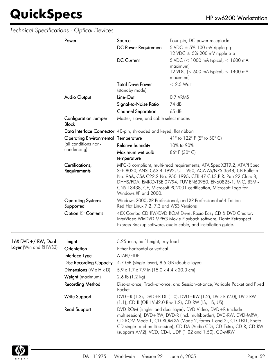 Quickspecs, Hp xw6200 workstation | HP XW6200 User Manual | Page 52 / 78