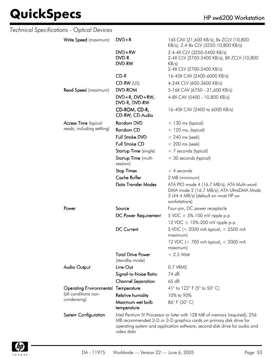 Quickspecs, Hp xw6200 workstation | HP XW6200 User Manual | Page 53 / 78