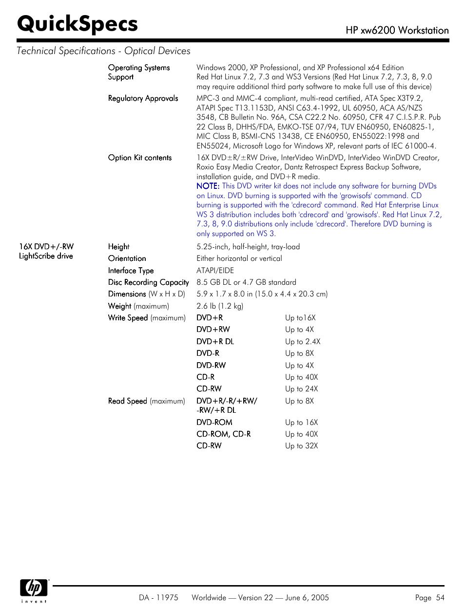 Quickspecs, Hp xw6200 workstation | HP XW6200 User Manual | Page 54 / 78