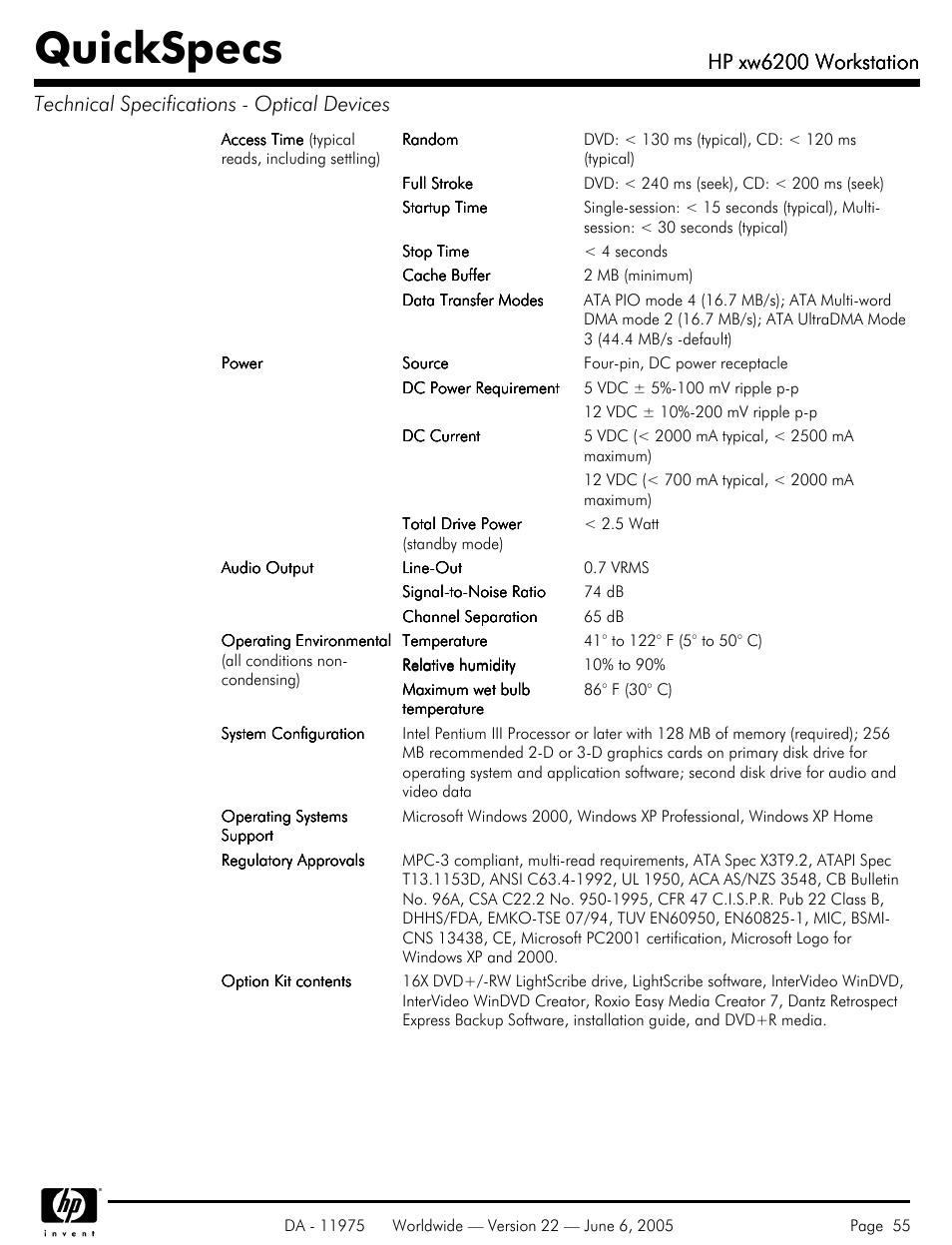 Quickspecs, Hp xw6200 workstation | HP XW6200 User Manual | Page 55 / 78