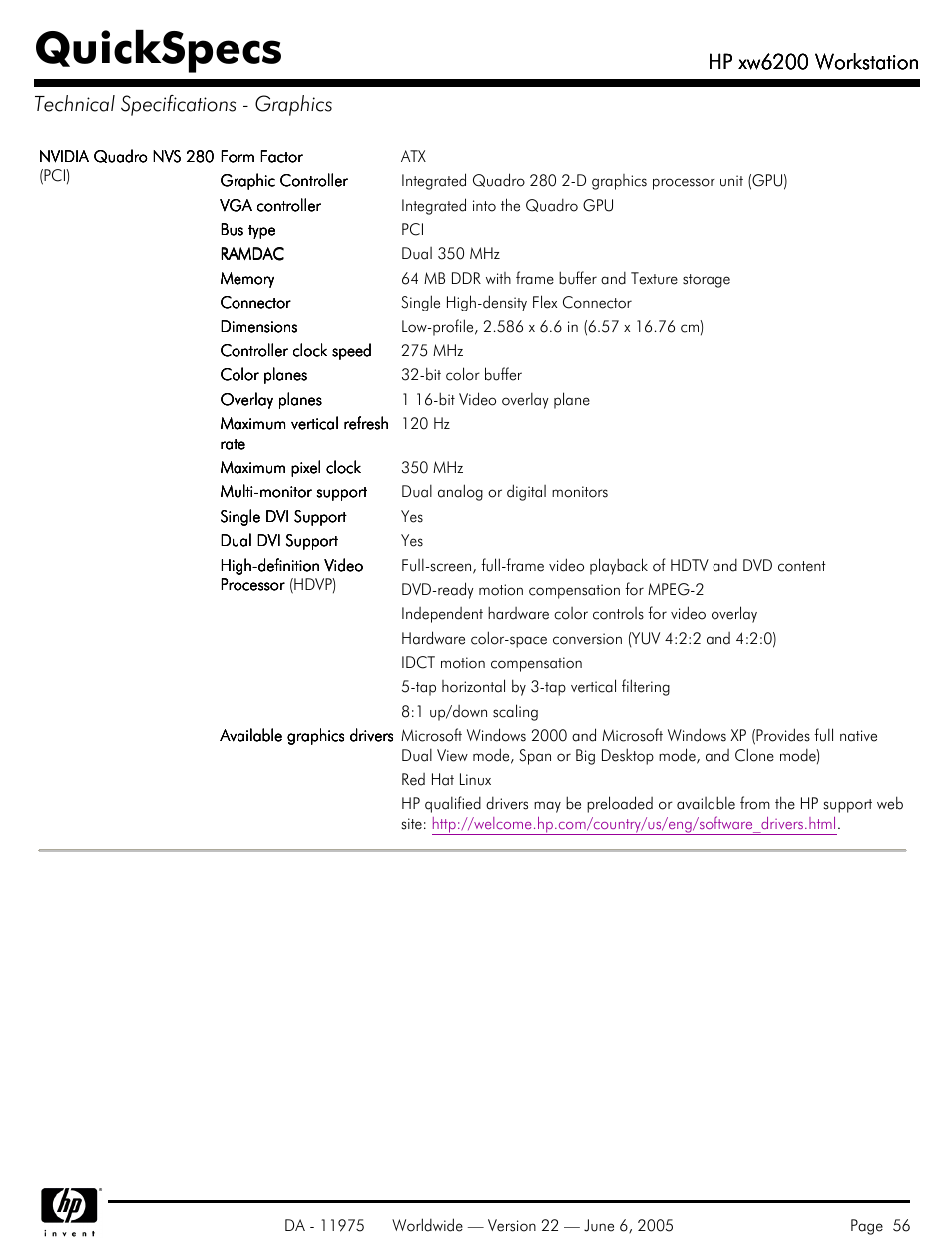 Technical specifications - graphics, Quickspecs, Hp xw6200 workstation | HP XW6200 User Manual | Page 56 / 78