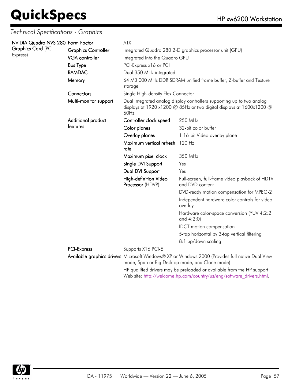 Quickspecs, Hp xw6200 workstation | HP XW6200 User Manual | Page 57 / 78