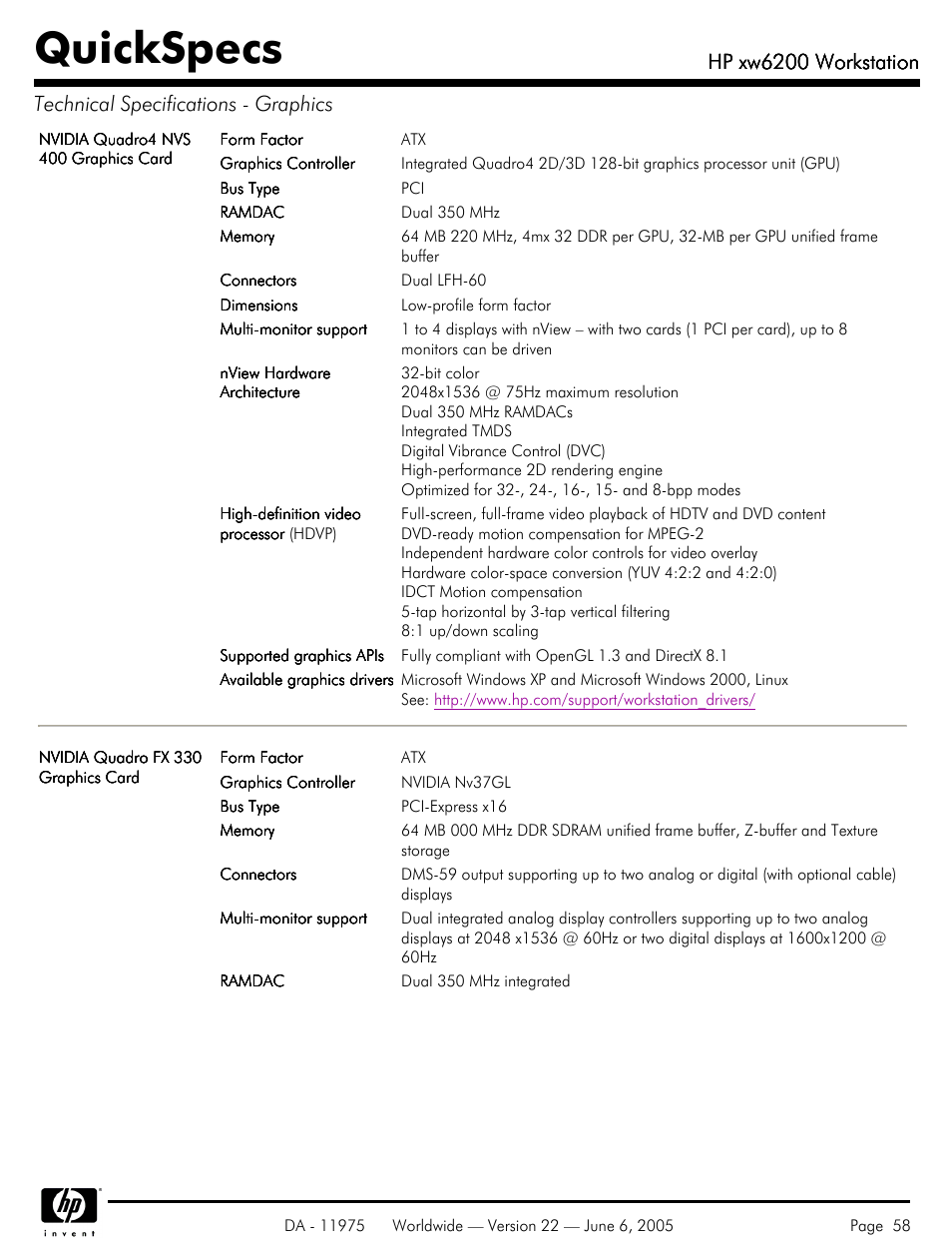 Quickspecs, Hp xw6200 workstation | HP XW6200 User Manual | Page 58 / 78