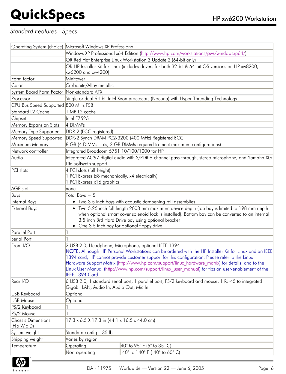 Standard features - specs, Quickspecs, Hp xw6200 workstation | Hp xw6200 workstation standard features - specs | HP XW6200 User Manual | Page 6 / 78