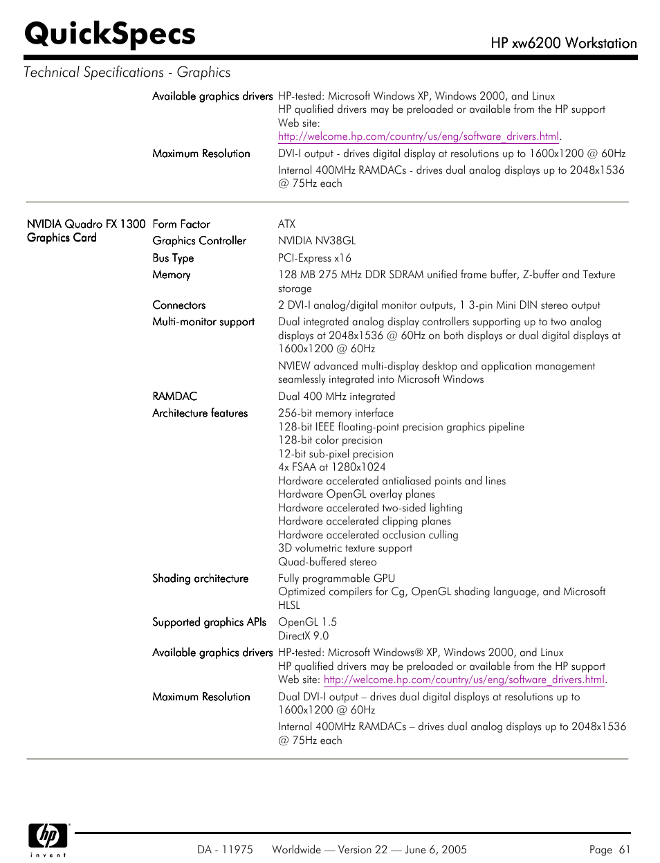 Quickspecs, Hp xw6200 workstation | HP XW6200 User Manual | Page 61 / 78
