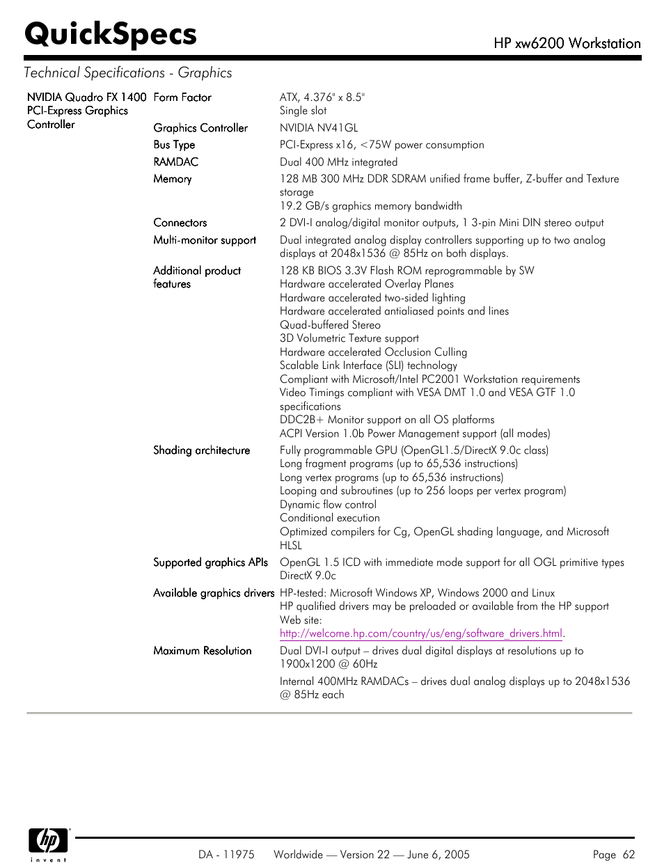 Quickspecs, Hp xw6200 workstation | HP XW6200 User Manual | Page 62 / 78