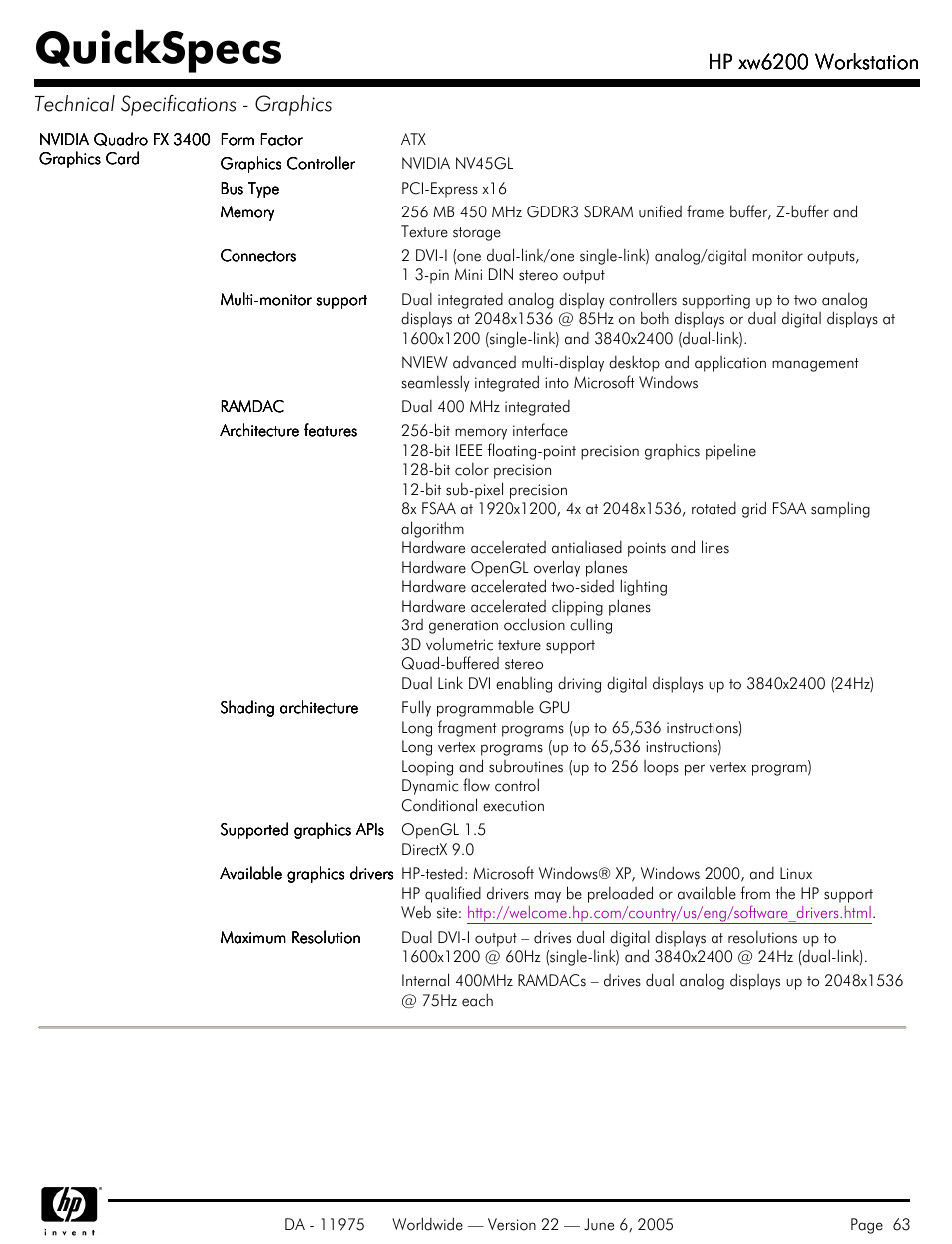 Quickspecs, Hp xw6200 workstation | HP XW6200 User Manual | Page 63 / 78