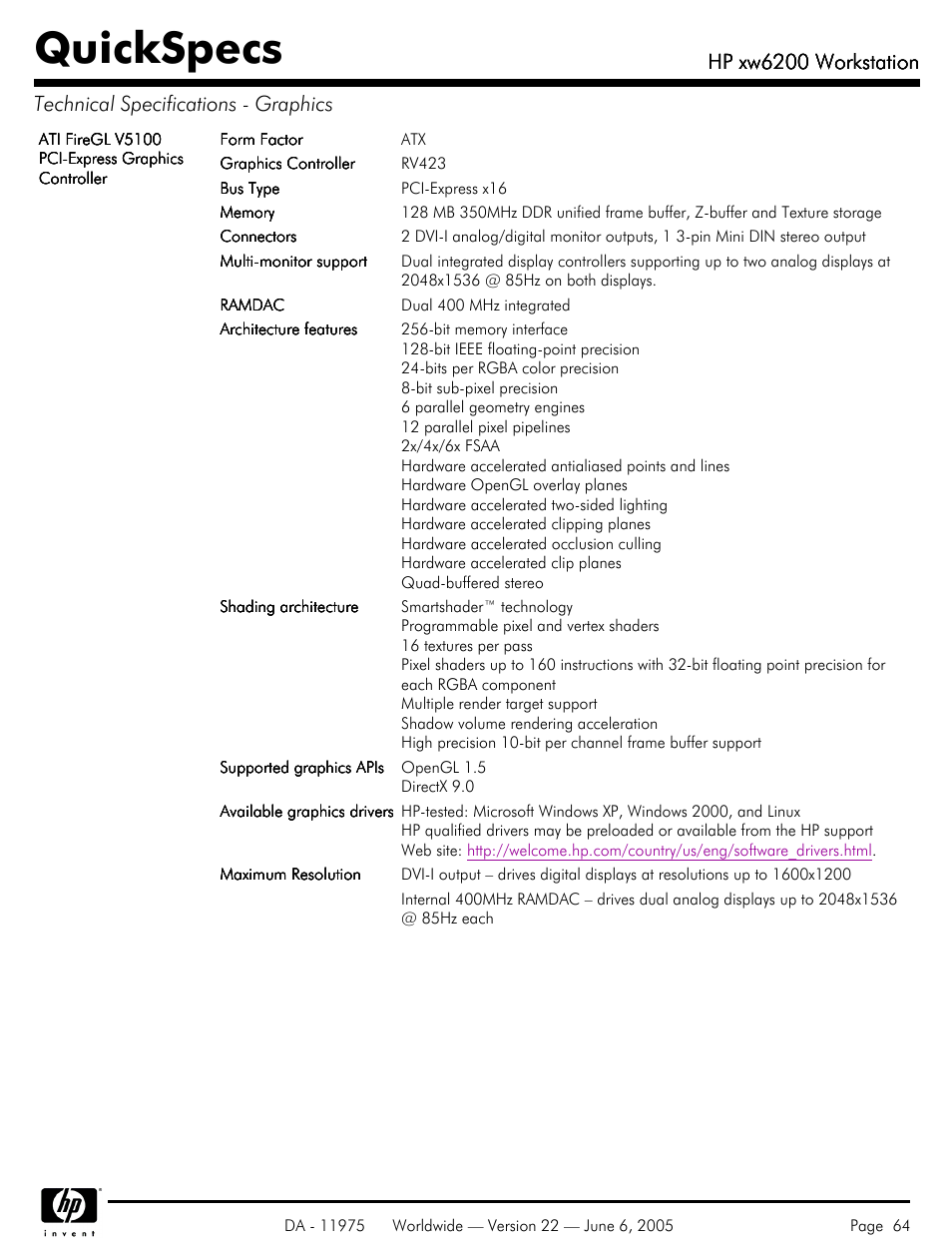 Quickspecs, Hp xw6200 workstation | HP XW6200 User Manual | Page 64 / 78
