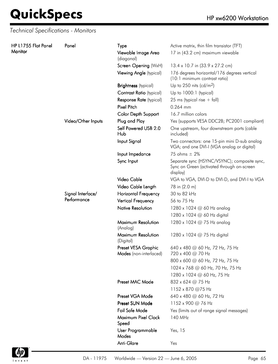 Technical specifications - monitors, Quickspecs, Hp xw6200 workstation | HP XW6200 User Manual | Page 65 / 78