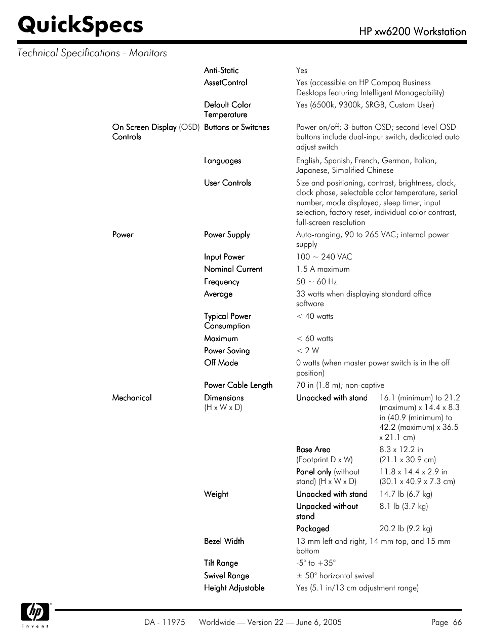 Quickspecs, Hp xw6200 workstation | HP XW6200 User Manual | Page 66 / 78