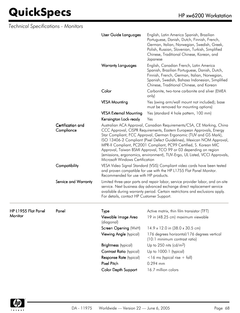 Quickspecs, Hp xw6200 workstation | HP XW6200 User Manual | Page 68 / 78