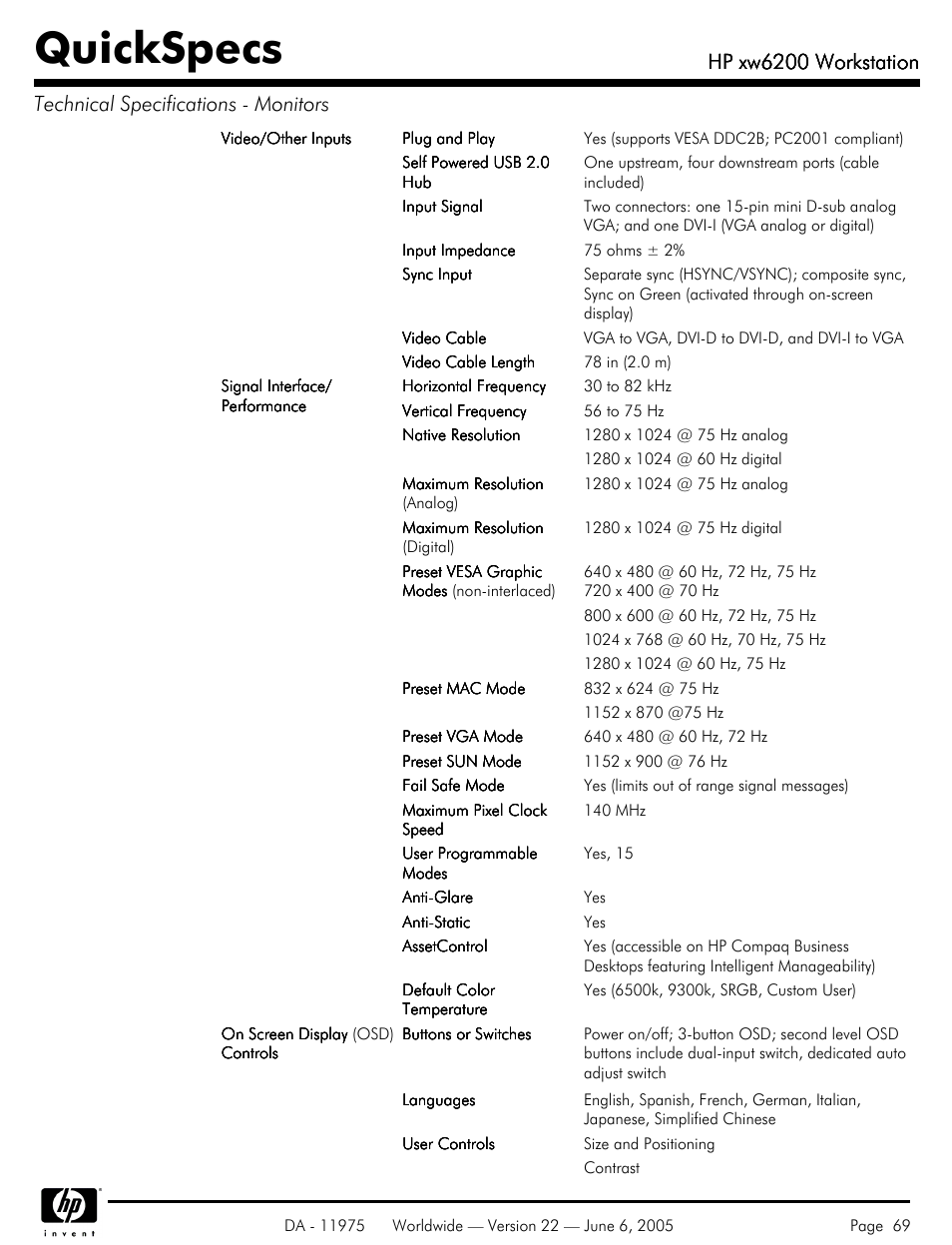 Quickspecs, Hp xw6200 workstation | HP XW6200 User Manual | Page 69 / 78