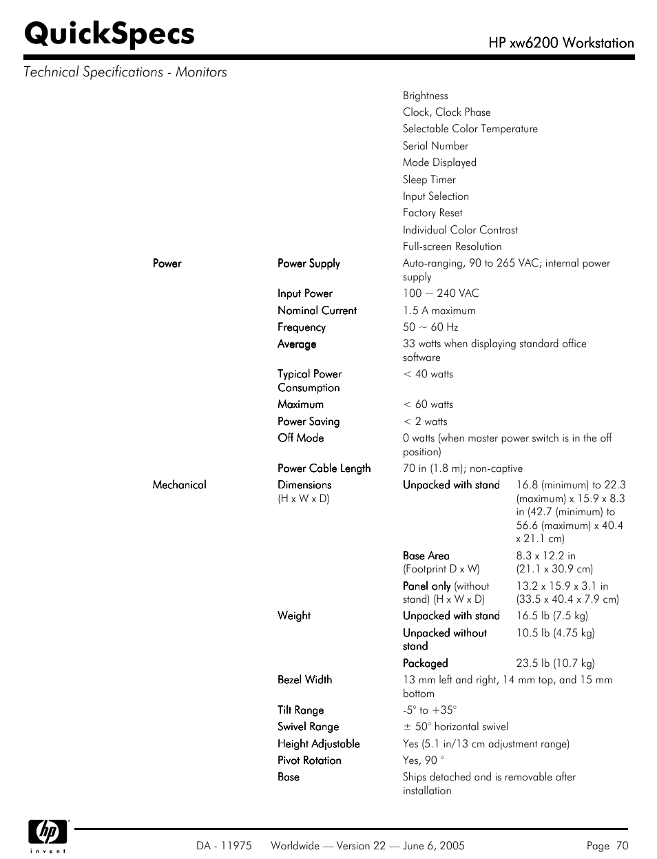 Quickspecs, Hp xw6200 workstation | HP XW6200 User Manual | Page 70 / 78