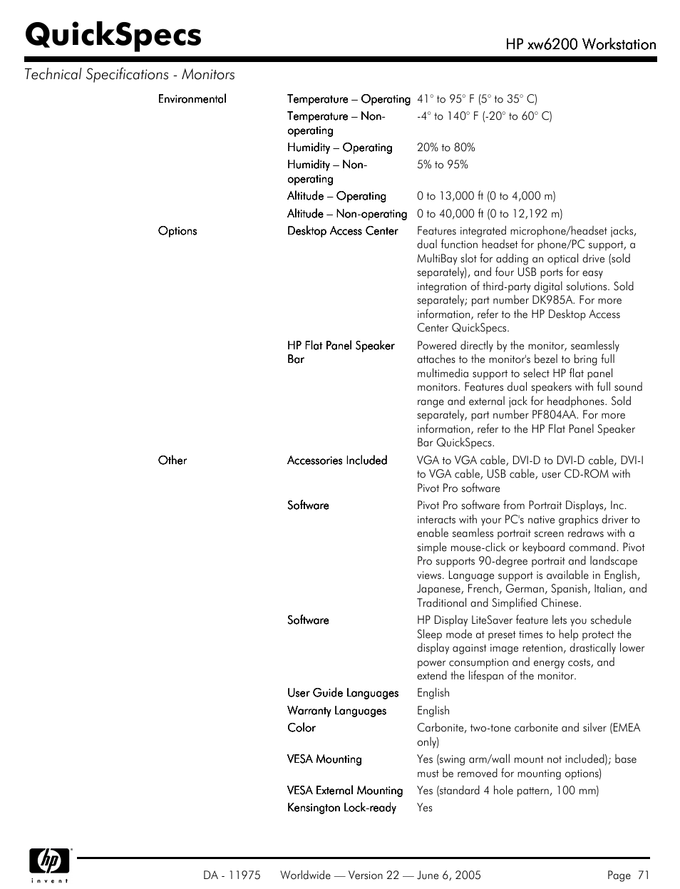 Quickspecs, Hp xw6200 workstation | HP XW6200 User Manual | Page 71 / 78