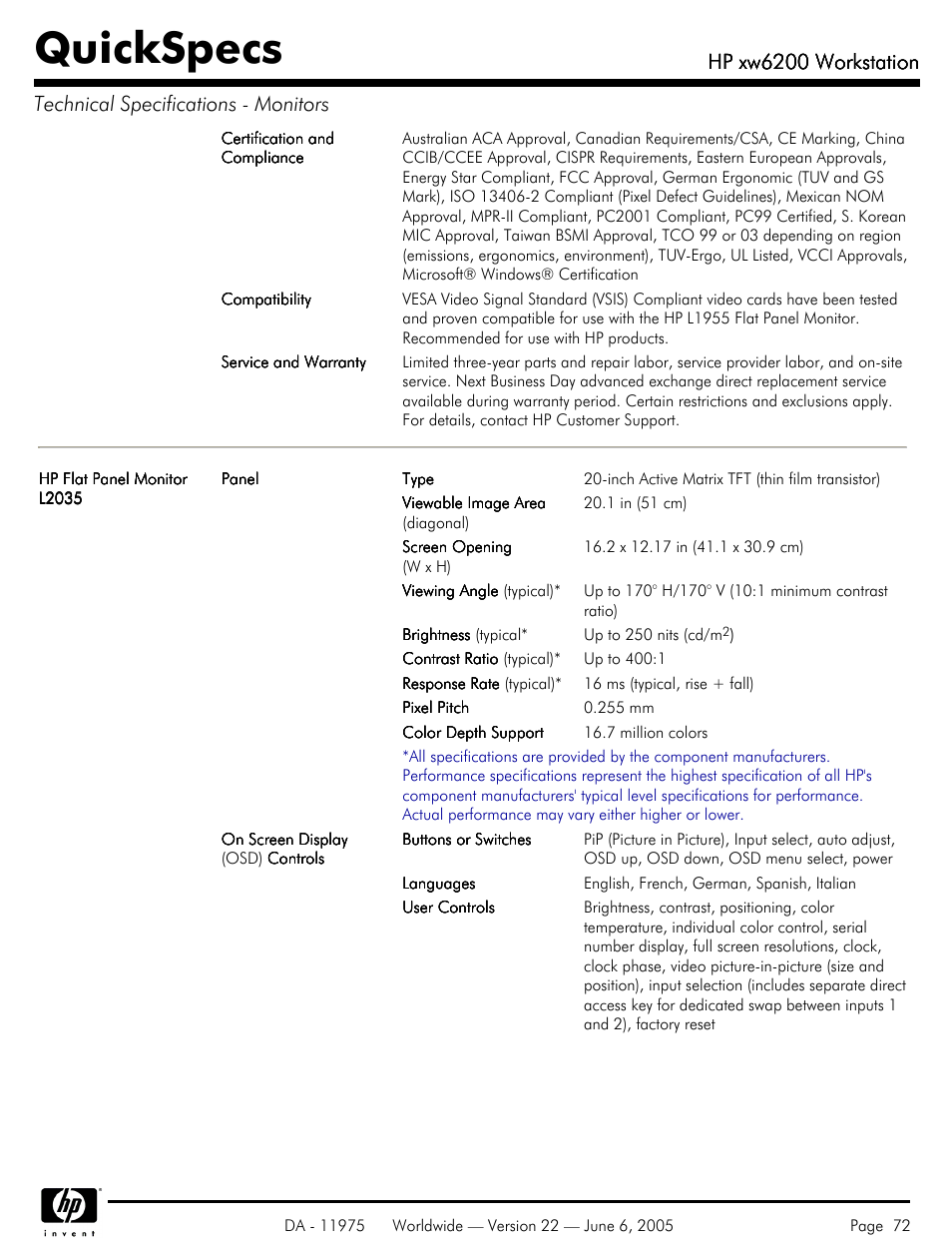 Quickspecs, Hp xw6200 workstation | HP XW6200 User Manual | Page 72 / 78