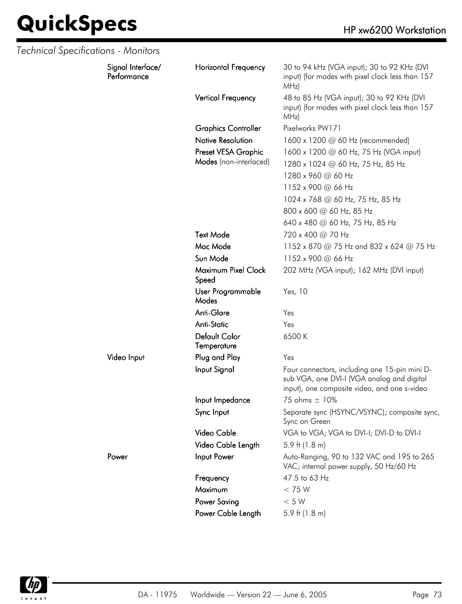 Quickspecs, Hp xw6200 workstation | HP XW6200 User Manual | Page 73 / 78