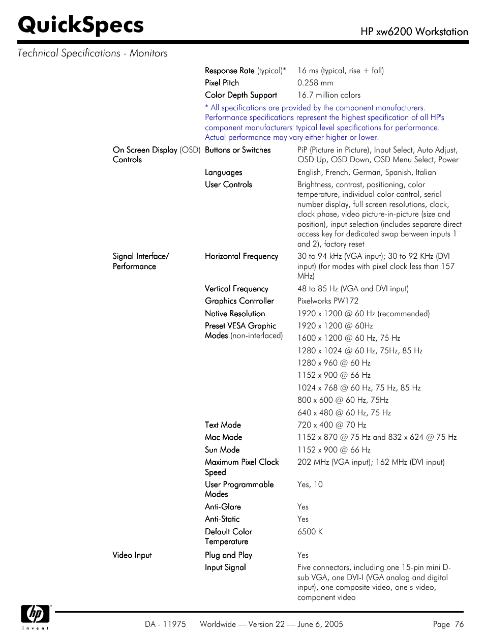 Quickspecs, Hp xw6200 workstation | HP XW6200 User Manual | Page 76 / 78