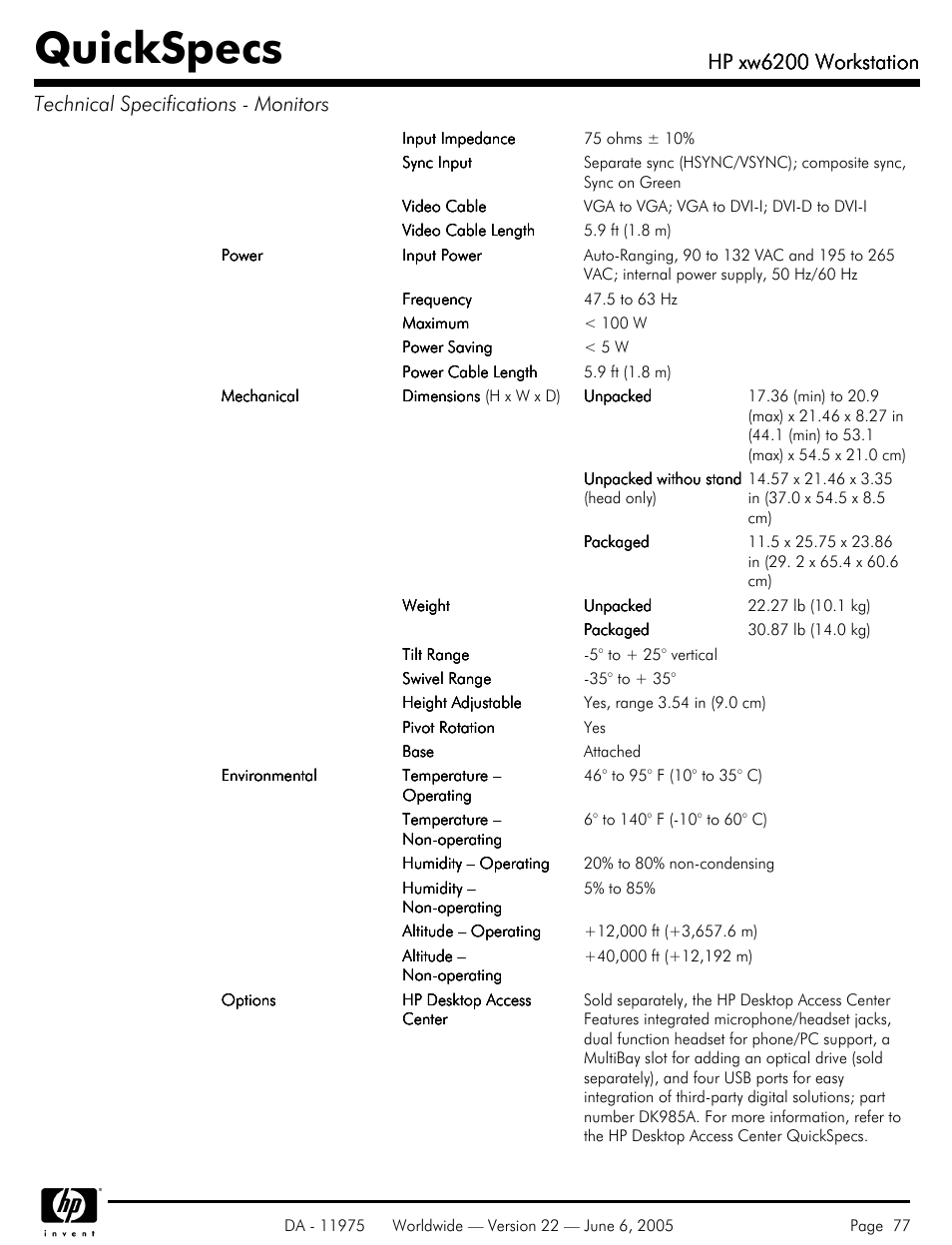 Quickspecs, Hp xw6200 workstation | HP XW6200 User Manual | Page 77 / 78