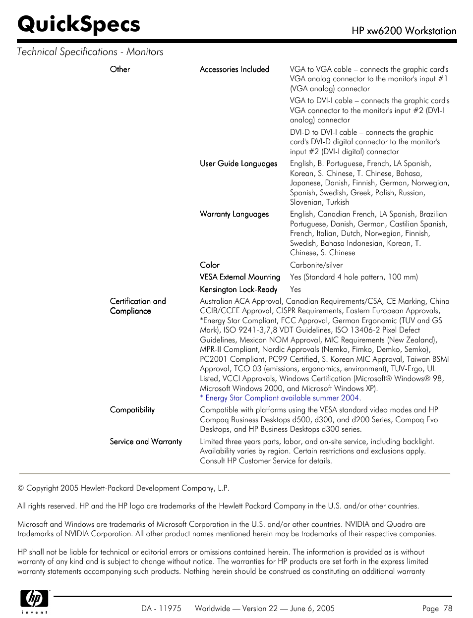 Quickspecs, Hp xw6200 workstation | HP XW6200 User Manual | Page 78 / 78