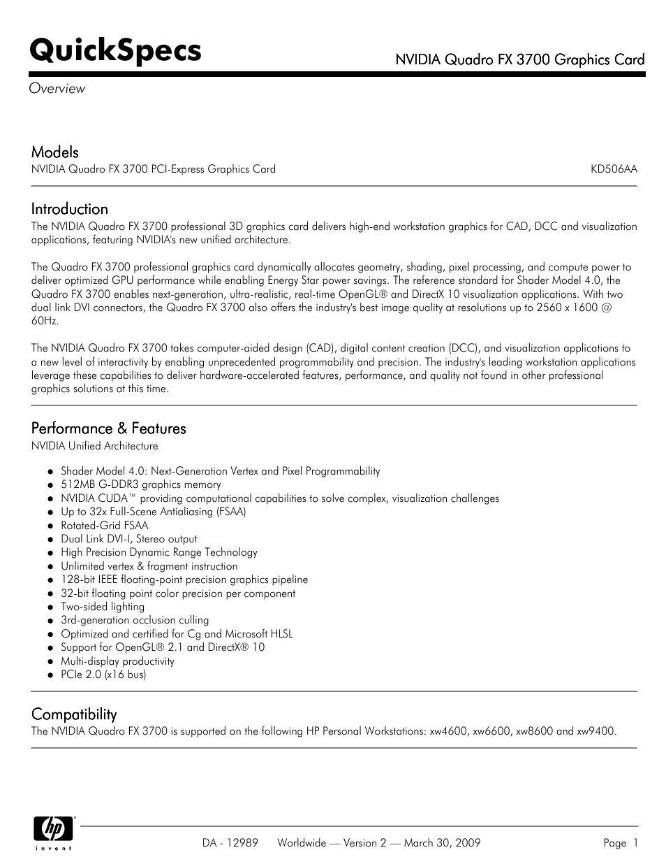 HP NVIDIA Quadro FX 3700 User Manual | 4 pages