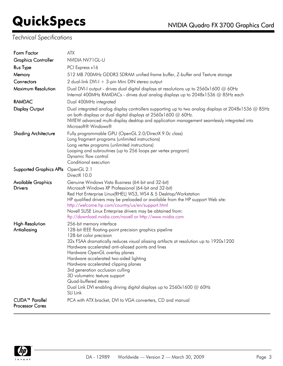 Technical specifications, Quickspecs, Nvidia quadro fx 3700 graphics card | HP NVIDIA Quadro FX 3700 User Manual | Page 3 / 4
