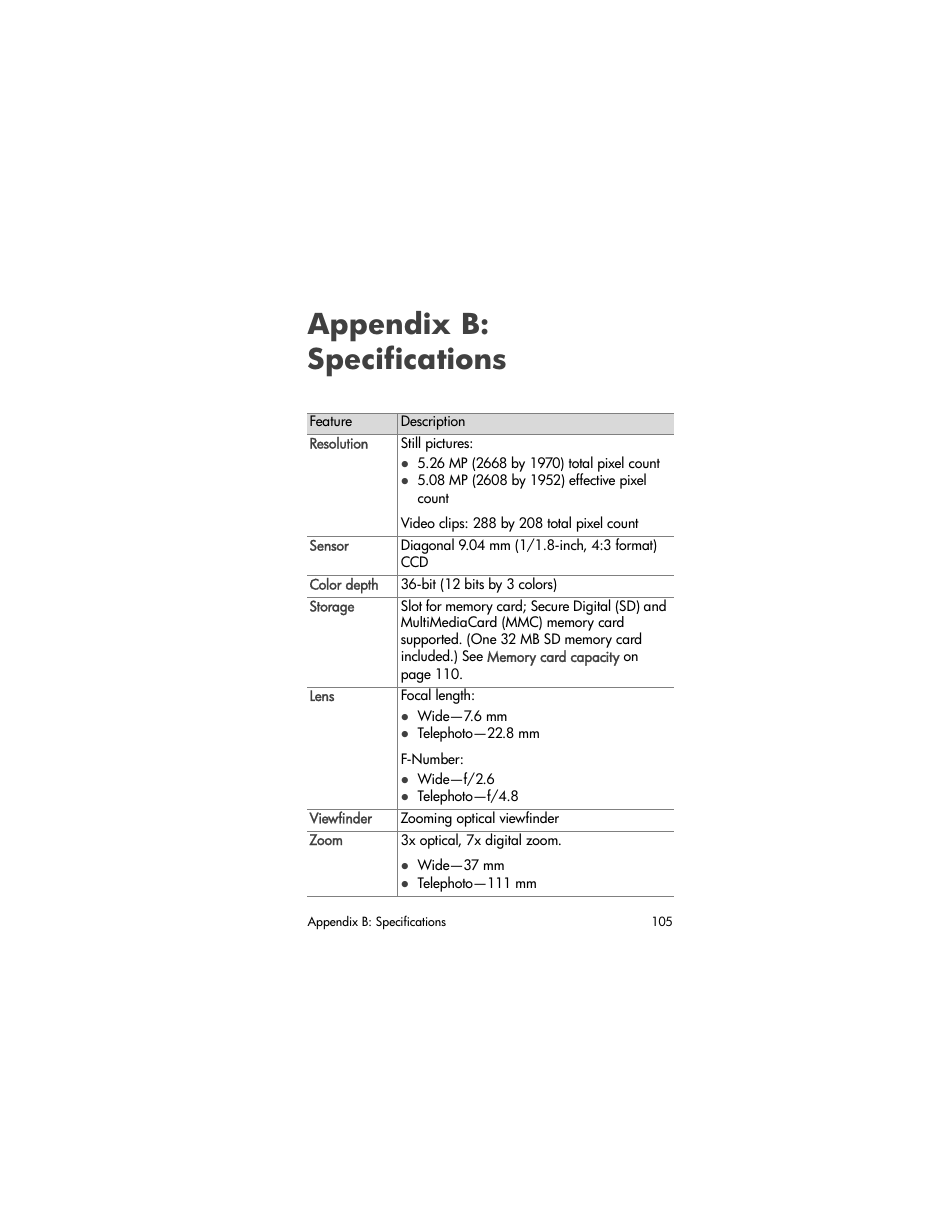Specifications, Appendix b: specifications | HP PHOTOSMART 930 User Manual | Page 105 / 136