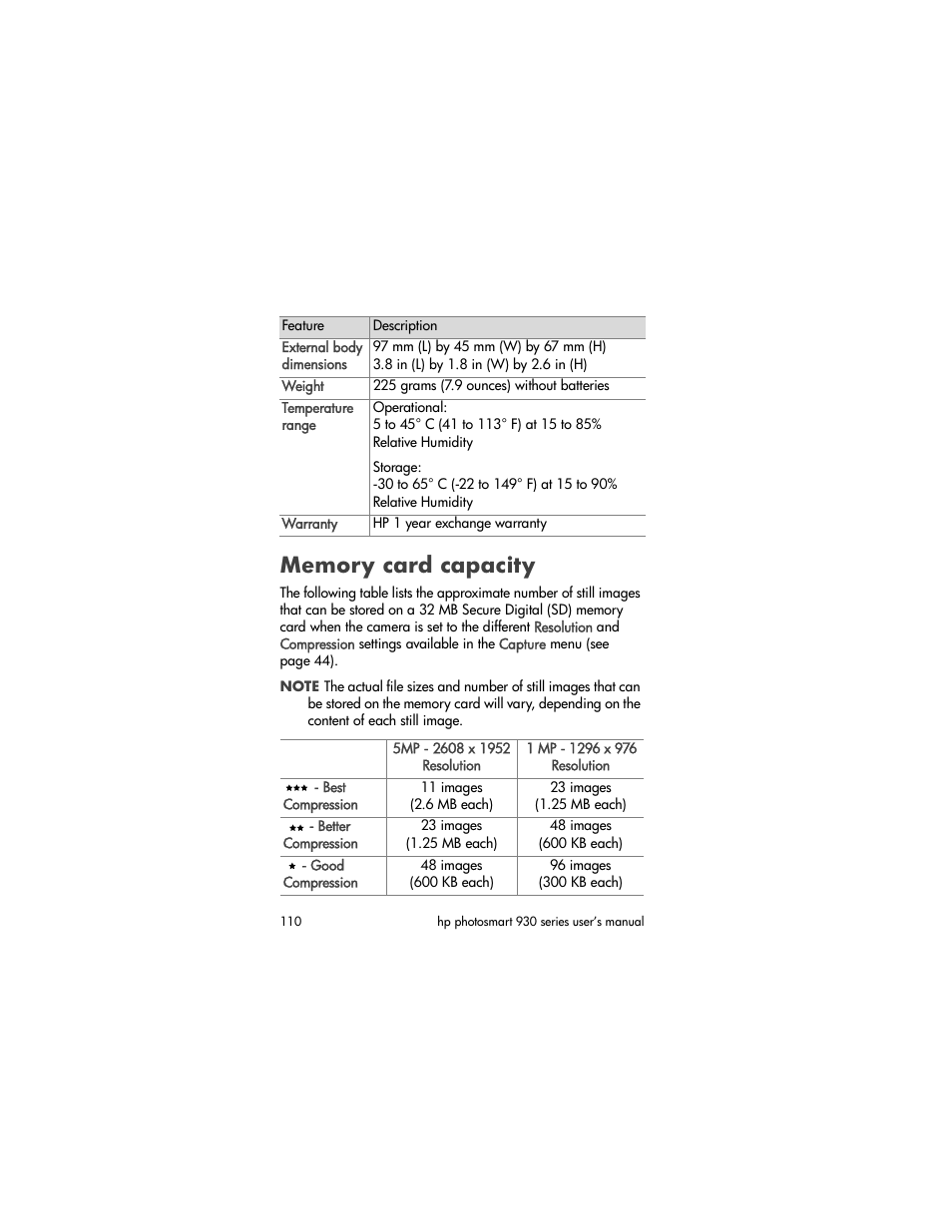 Memory card capacity | HP PHOTOSMART 930 User Manual | Page 110 / 136