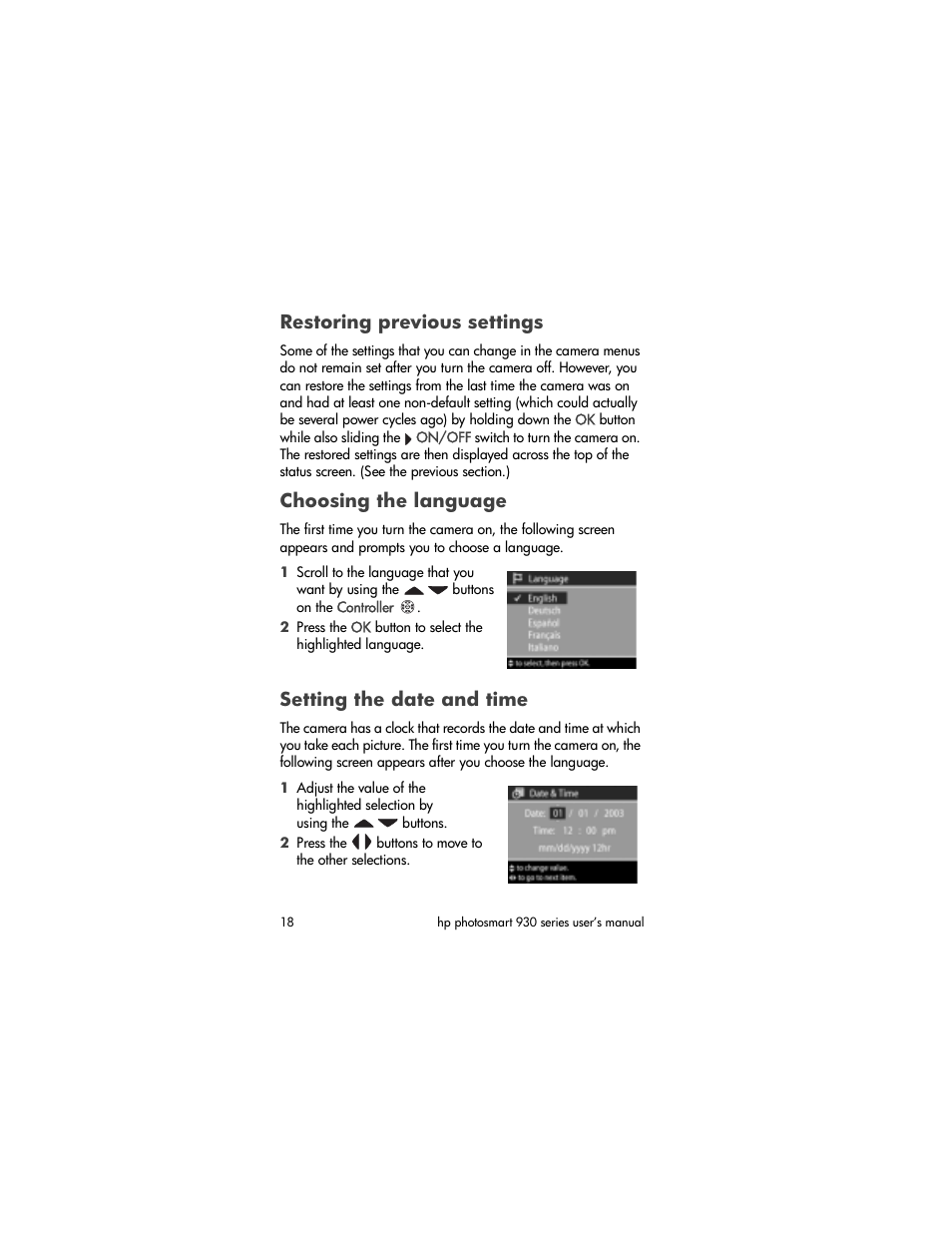 Restoring previous settings, Choosing the language, Setting the date and time | HP PHOTOSMART 930 User Manual | Page 18 / 136