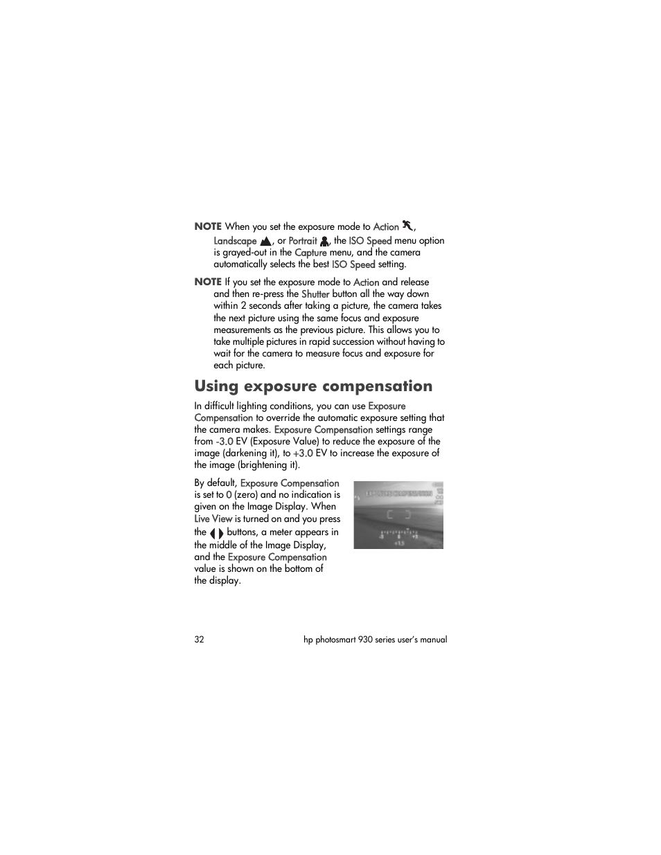 Using exposure compensation | HP PHOTOSMART 930 User Manual | Page 32 / 136